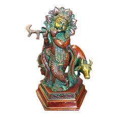 Mogulinterior - Fluting Krishna Brass Statue God of Love Divine Joy Idol Figurine India - Decorative Objects And Figurines