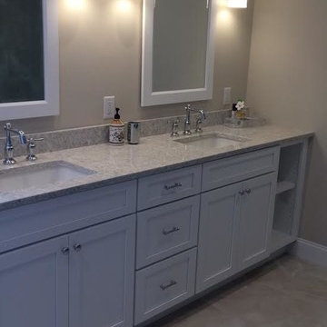 Contemporary Latte Bathroom Remodel with Darlington Quartz Counter top