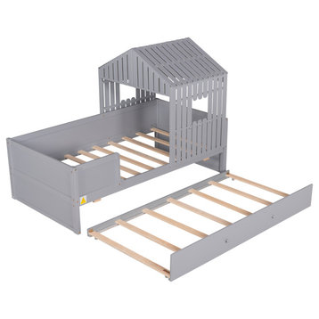 Gewnee Twin Size House Low Loft Bed with Trundle in Gray