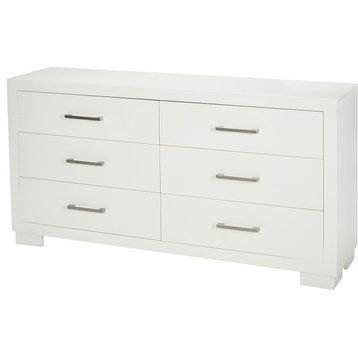 Contemporary Double Dresser, 6 Storage Drawers With Metal Handles, White