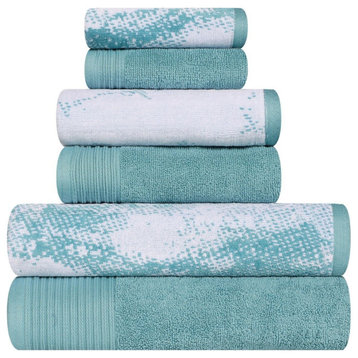6 Piece Marble Effect Cotton Washable Towel Set, Cyan