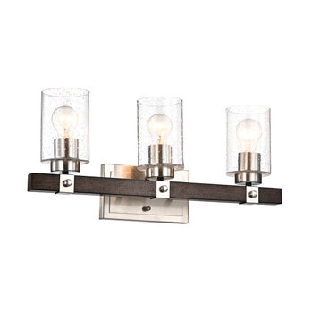 3-Light Brushed Nickel and Wood Vanity With Seedy Glass Sconces Farmhouse