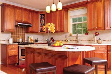 Inspiration for a mid-sized modern l-shaped light wood floor and beige floor eat-in kitchen remodel in Chicago with an undermount sink, beaded inset cabinets, medium tone wood cabinets, quartz countertops, beige backsplash, porcelain backsplash, stainless steel appliances, an island and white countertops