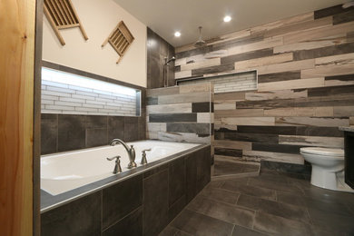 Mid-sized minimalist master cement tile and white tile cement tile floor and gray floor bathroom photo in Other with flat-panel cabinets, brown cabinets and a vessel sink