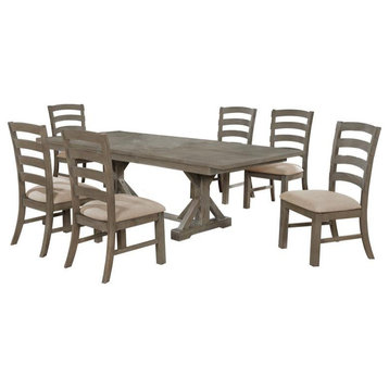 7pc Rustic Gray Brown Wood Dining Set with 6 Beige Linen Chairs