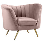 Meridian Furniture - Margo Velvet Upholstered Set, Pink, Chair - Lean back and lounge in luxurious style on this stunning Margo pink velvet chair by Meridian Furniture. This contemporary loveseat features plush velvet upholstery that is both classy and sumptuous against your skin, and rounded arms that curve into a low, rounded back, creating a perfect, modern piece for your home. Gold stainless steel legs support this chair and provide stunning contrast to the chair's plush, pink fabric.