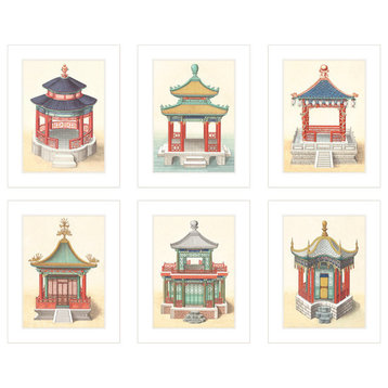 Set of 6, Chinoiserie Pagoda Architectural Drawing 8"x11" Prints