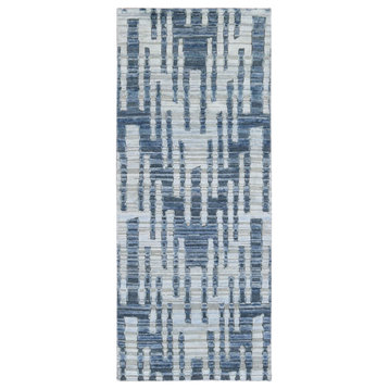 Blue Pure Silk and Textured Wool Runner Zigzag with Graph Design Rug, 2'6"x6'2"