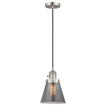 Cone Mini Pendant With Switch, Brushed Satin Nickel, Plated Smoke
