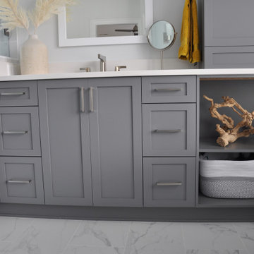 Bright white and soothing grey kitchen and bath in Raleigh
