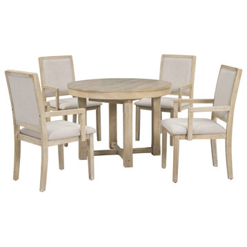 5-Piece Dining Table Set, Two-Size Extendable Dining Table, Natural Wood Wash