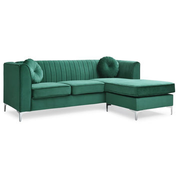 Delray 87 in. Green Velvet L-Shape 3-Seater Sectional Sofa with 2-Throw Pillow