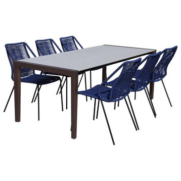 Armen Living Fineline and Clip 7PC Fabric Outdoor Dining Set in Brown/Blue