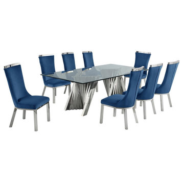 Clear Glass 9pc Dining Set with Silver Stainless Steel and 8 Chairs