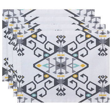 18"x14" Jodhpur Medallion 2, Geometric Print Placemat, Gray, Set of 4