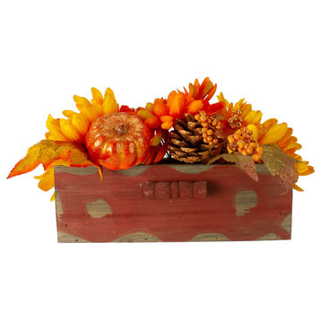 14" Autumn Harvest Maple Leaf and Berry Arrangement in Rustic Wooden Box