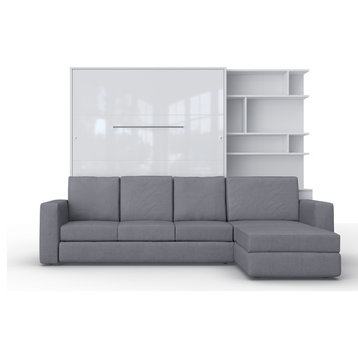 Contempo Vertical Wall Bed with a Corner Sofa and a Bookcase, 62.9x78.7 inch, White/White + Grey