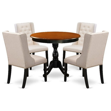 AMFO5-BCH-01 - Dining Table and 4 Cream Linen Fabric Chair - Black Finish