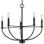 Progress Lighting - Leyden 5-Light Farmhouse Chandelier Light, Matte Black - Transform your home with the gorgeous glow from the Leyden Collection 5-Light Matte Black Farmhouse Chandelier. Light sources glow from atop light bases reminiscent of antique candlesticks arranged in a circular design for an elegant charming glow sure to provide any living space with generous illumination. The curved arms reaching up to hold the light bases from the round base at the bottom of the decorative column are all coated in a beautiful matte black finish for a touch of modern character. Twisted metal spokes extend out from the center of the fixture to support the arms for extra visual interest. For ideal illumination, use 5 candelabra base bulbs that are sold separately (60w max - LED/CFL/incandescent). The chandelier is compatible with dimmable bulbs. Incorporate clear light bulbs for a pinch of contemporary shine or opt for vintage bulbs to enhance the light fixture's rustic demeanor. The chandelier's elegant design is ideal for any foyer, dining room, kitchen, bedroom, or living room in farmhouse or transitional style settings. It's time to breathe new life into the mundane every day with timeless and truly transformative bathroom lighting. Make your purchase today to begin your journey to a whole new lighting experience. Progress Lighting products are designed for exceptional quality, reliability, and functionality.