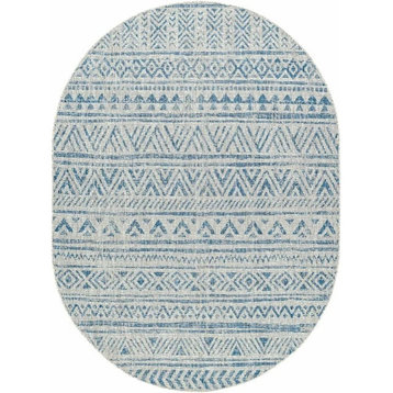 Indoor/Outdoor Area Rug, Tribal Geometric Pattern, Blue-Teal/7'10" X 10' Oval