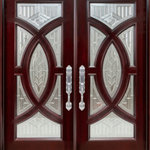 BGW Doors - Exterior Front Entry Double Prairie Wood Door, 30x80x2, Righthand Inswing - A new design, The Prairie, takes the best of Prairie architecture and softens it with soft arches of mahogany bisecting triple layered etched glass.  Finished in a deep mahogany stain coupled with beautiful silver details in the glass this solid wood door makes a wonderful addition to any home.