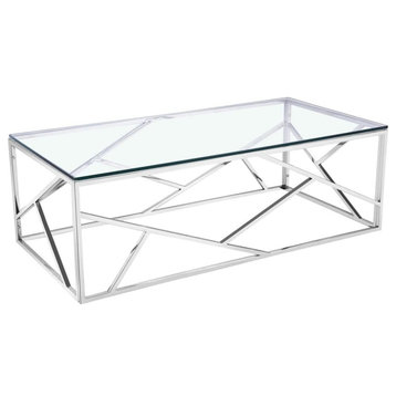 Modern Coffee Table, Geometric Polished Stainless Steel Finish Base & Glass Top