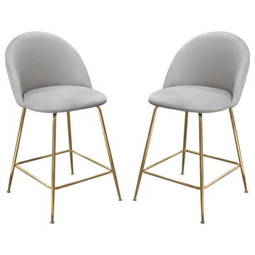 Lilly Set of 2 Counter Height Chairs, Gray Velvet With Brushed Gold Metal Legs