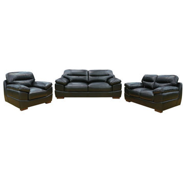 Sunset Trading Jayson 3-Piece Modern Top-Grain Leather Living Room Set in Black