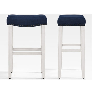 WestinTrends 2PC 29" Upholstered Saddle Seat Bar Height Stool Set, Accent Chair, Navy Blue