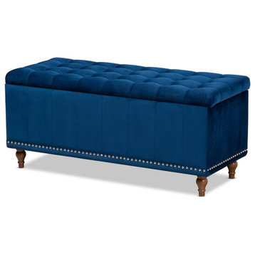 Modern Navy Blue Velvet Fabric Upholstered Button-Tufted Storage Ottoman Bench