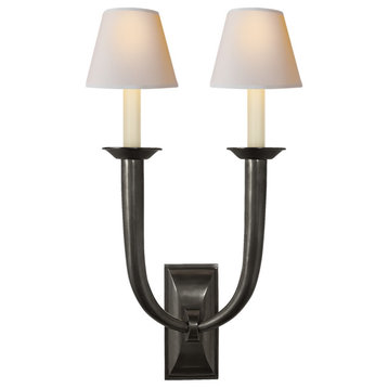 French Deco Horn Double Sconce in Bronze with Natural Paper Shades