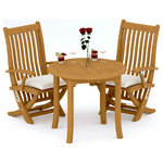 Teak Deals - 3-Piece Outdoor Teak Dining Set, 36" Round Table, 2 Warwick Arm Chairs - Our Teak Dining Set is a uniquely modern interplay of very durable teak wood featuring our beautiful Teak Chairs. Our teak wood is certified to withstand the rigors of adverse climates however because of Teak's well known micro-smooth finish and quality craftsmanship many use our furniture indoors as well. Rich in oil finely grained and precisely fashioned with mortise-and-tenon joinery.