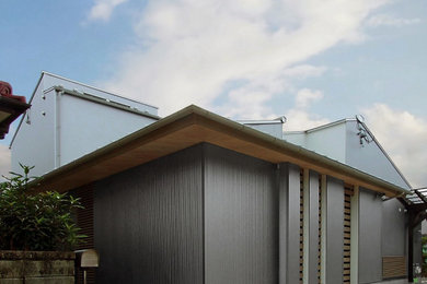 Ejemplo de fachada de casa minimalista de dos plantas con revestimiento de metal, tejado a dos aguas, tejado de metal y panel y listón