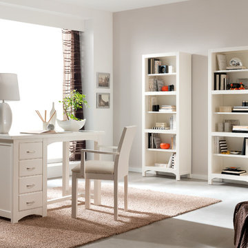 Mesa estudio, silla y estanterías.