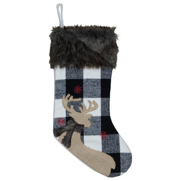 18" Black and White Buffalo Plaid Burlap Reindeer Christmas Stocking