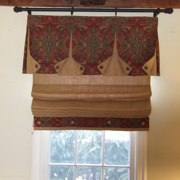 Natural Linen pleated roman shade and buttoned valance