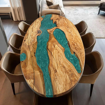 Olive Oval Peacock Blue River Resin Table — Artisan Craft for Modern Living