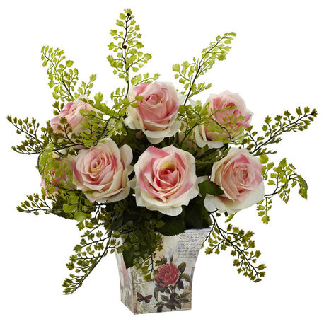 Rose and Maiden Hair With Floral Planter, Light Pink