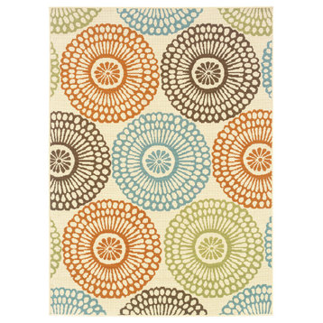 Malibu Indoor and Outdoor Floral Beige and Blue Rug, 5'3"x7'6"