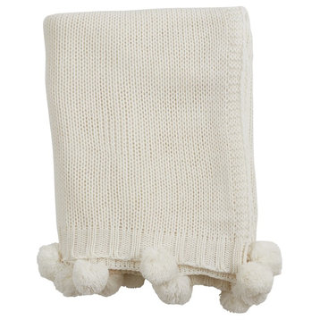Classic Solid Color Knitted Pom Pom Cozy Throw Blanket 50" x 60" , Ivory