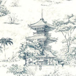 BHF - Blue Pagoda Toile Fabric Mid Century Asian Tea House Material, Standard Cut- 24" Length - An Asian toile fabric done in ink blue on cream.  Depending on the light this can look nearly black, dark blue, or slightly dark blue with a green undertone.
