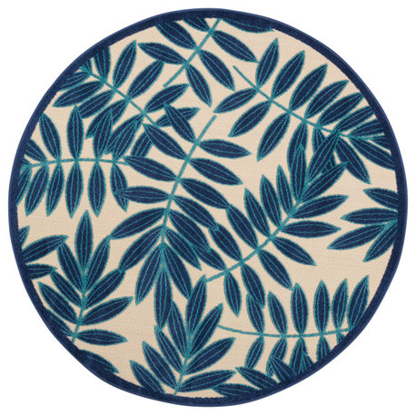 Nourison Aloha 4' x Round Navy Tropical Area Rug