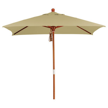6'x6' Wood Market Umbrella Pulley Open Marenti Wood, Sunbrella, Heather Beige