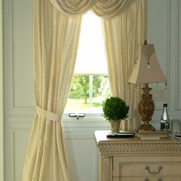 Arched Window Silk Swags and Panels in Master Bedroom Suite