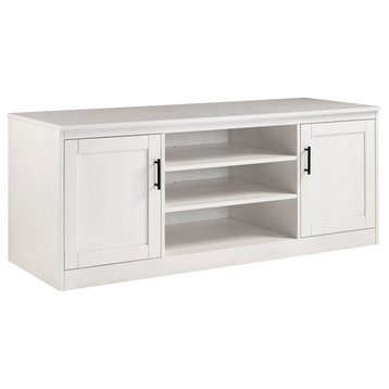 Contemporary TV Stand, Pine Frame With Framed Doors & Open Shelves, Whitewash