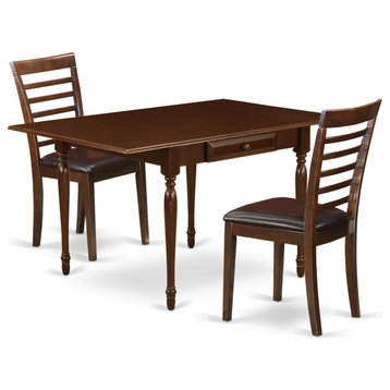 3 Pieces Table Set, Drop Leaf Real Wood Table, 2 Dining Chairs, Mahogany