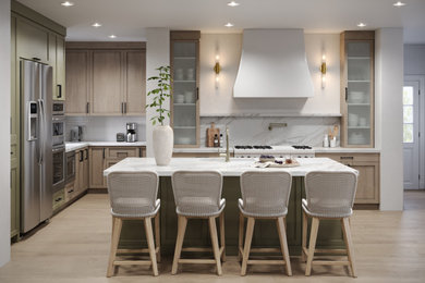Inspiration for a transitional l-shaped beige floor and laminate floor eat-in kitchen remodel in Orange County with an island, recessed-panel cabinets, white backsplash, stainless steel appliances and white countertops