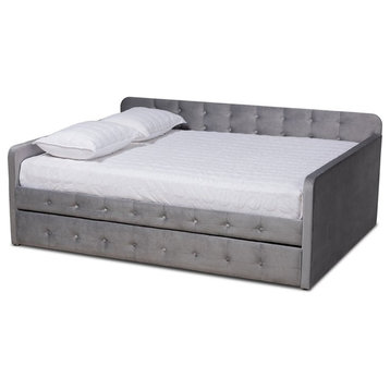 Bowery Hill Transitional Velvet Upholstered Queen Size Daybed w/ Trundle in Gray