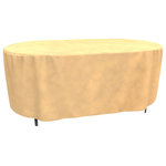 Budge - Budge All-Seasons Oval Patio Table Cover Large (Nutmeg) - The Budge All-Seasons Oval Patio Table Cover, Large provides high quality protection to your oval patio table. The All-Seasons Collection by Budge combines a simplistic, yet elegant design with exceptional outdoor protection. Available in a neutral blue or tan color, this patio collection will cover and protect your oval patio table, season after season. Our All-Seasons collection is made from a 3 layer SFS material that is both water proof and UV resistant, keeping your patio furniture protected from rain showers and harsh sun exposure. The outer layers are made from a spun-bonded polypropylene, while the interior layer is made from a microporous waterproof material that is breathable to allow trapped condensation to flow through the cover. Our waterproof patio table cover features Cover stays secure in windy conditions. With our All-Seasons Collection you'll never have to sacrifice style for protection. This collection will compliment nearly any preexisting patio decor, all while extending the life of your outdoor furniture. This oval table cover measures 28" High x 84" Long x 42" Wide.