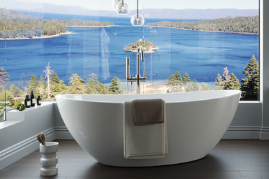 Large trendy master freestanding bathtub photo in Sacramento